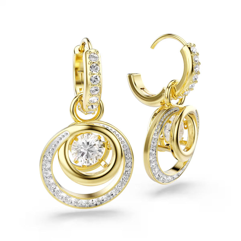 Swarovski Hyperbola drop earrings, Round cut, White, Gold-tone plated