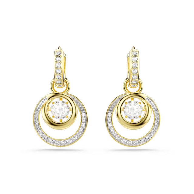 Swarovski Hyperbola drop earrings, round center stone with gold-tone halo hoops