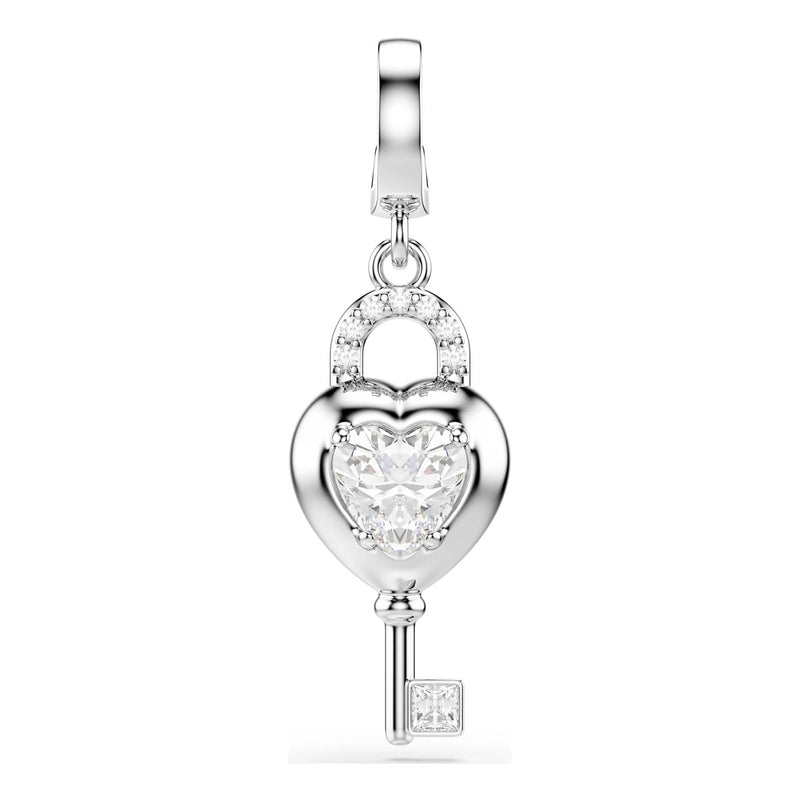 Swarovski Idyllia charm, Mixed cuts, Heart with key, White, Rhodium plated