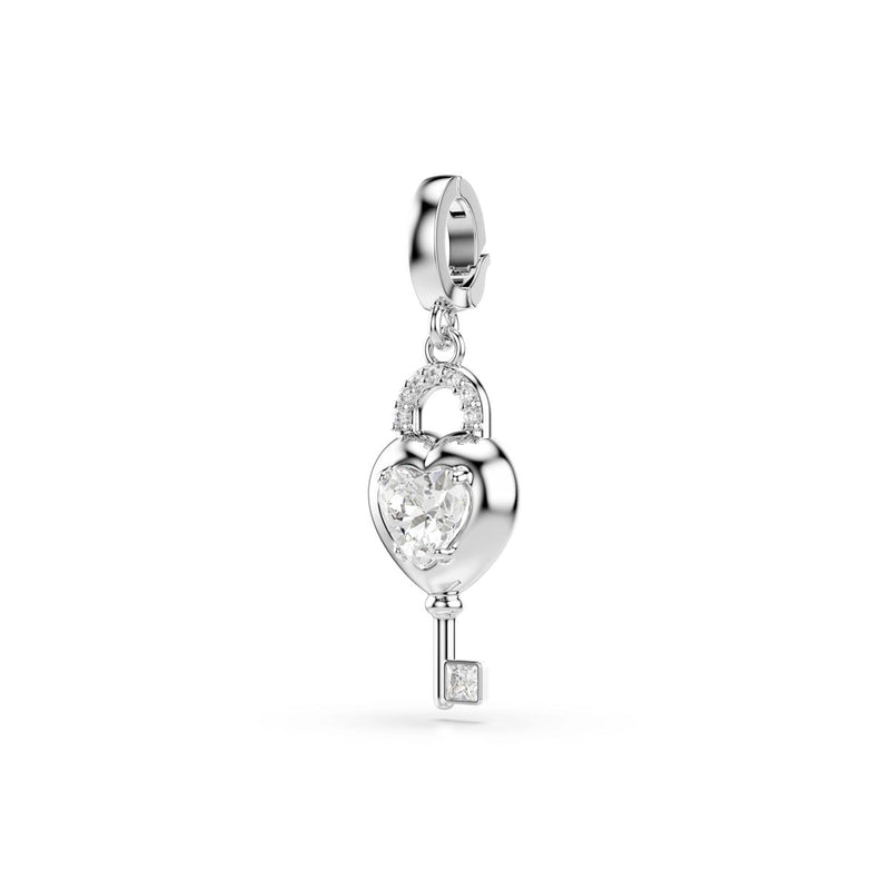 Swarovski Idyllia charm, Mixed cuts, Heart with key, White, Rhodium plated
