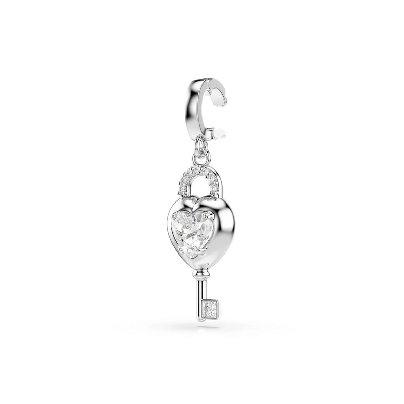 Swarovski Idyllia charm, Mixed cuts, Heart with key, White, Rhodium plated