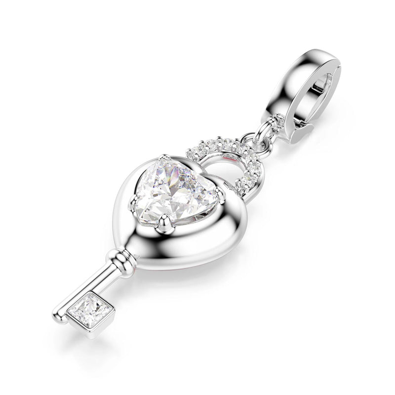 Swarovski Idyllia charm, Mixed cuts, Heart with key, White, Rhodium plated