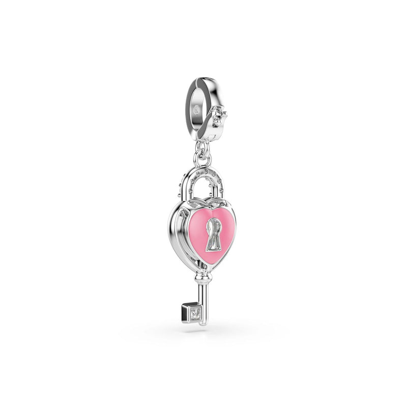 Swarovski Idyllia charm, Mixed cuts, Heart with key, White, Rhodium plated