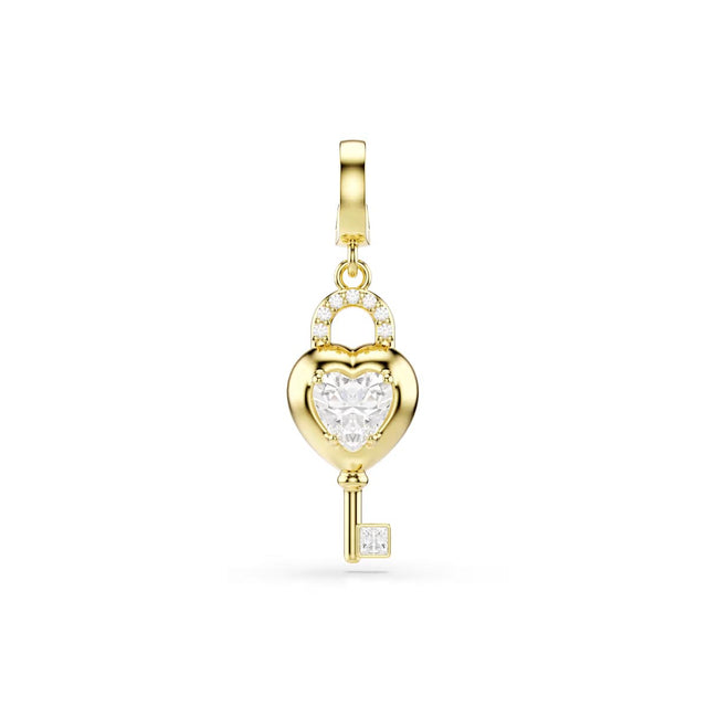 Swarovski Idyllia charm, Mixed cuts, Heart with key, White, Gold-tone plated