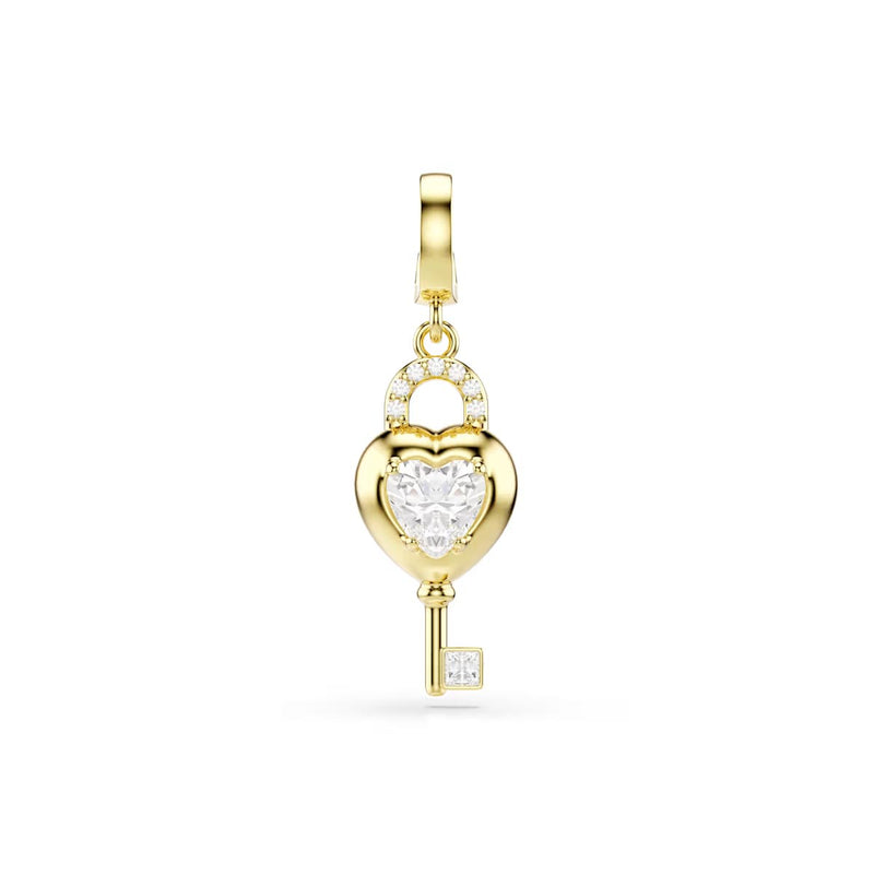 Swarovski Idyllia charm, Mixed cuts, Heart with key, White, Gold-tone plated