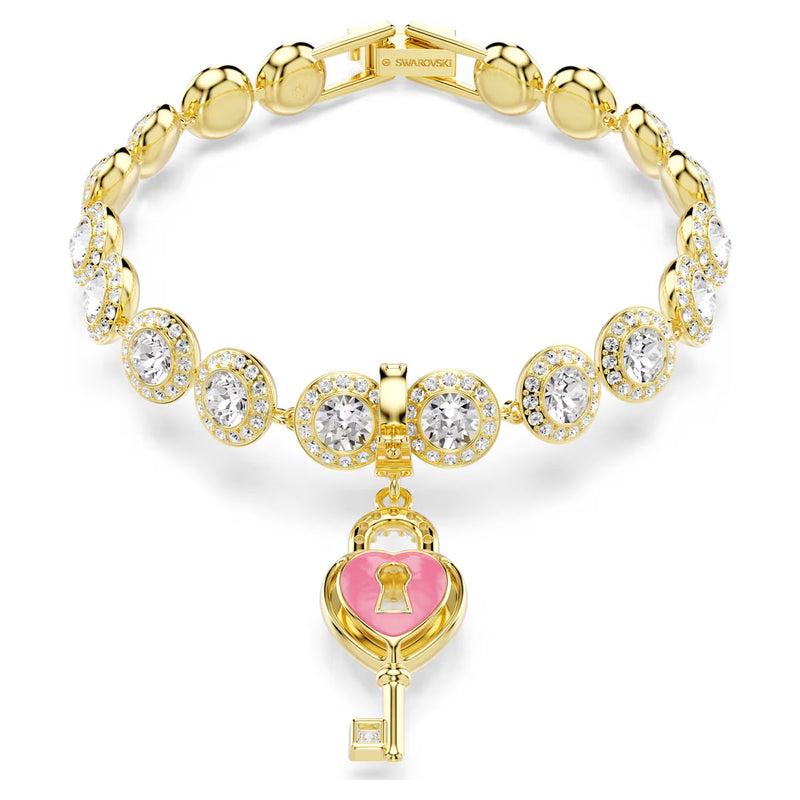 Swarovski Idyllia charm, Mixed cuts, Heart with key, White, Gold-tone plated