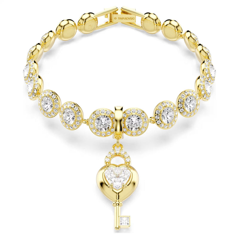 Swarovski Idyllia charm, Mixed cuts, Heart with key, White, Gold-tone plated