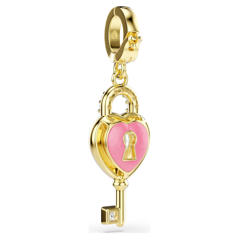 Swarovski Idyllia charm, Mixed cuts, Heart with key, White, Gold-tone plated