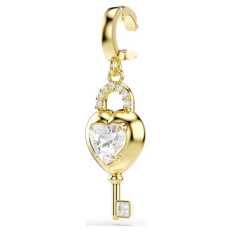 Swarovski Idyllia charm, Mixed cuts, Heart with key, White, Gold-tone plated