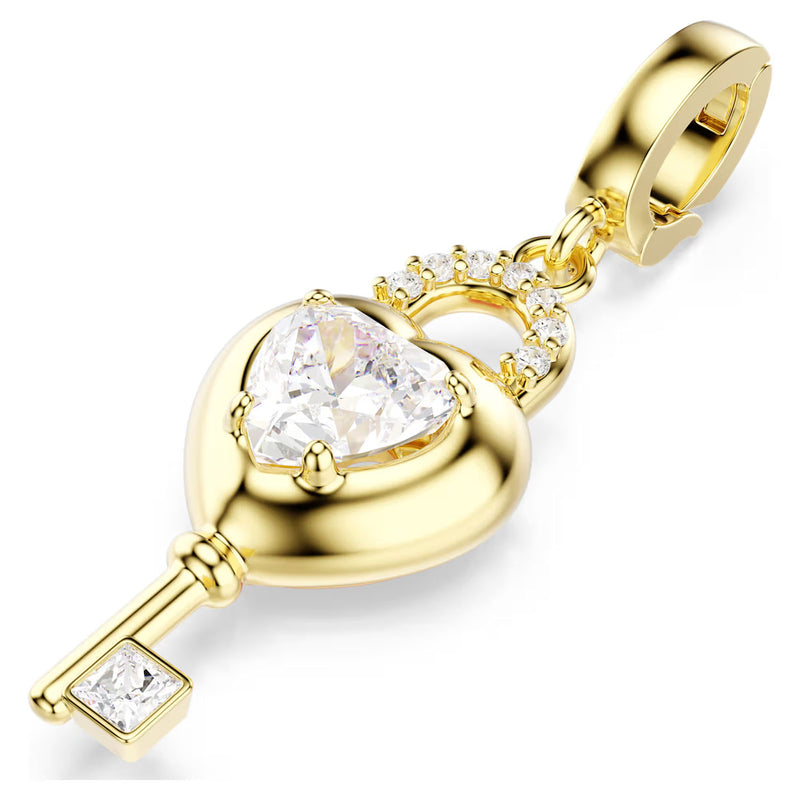 Swarovski Idyllia charm, Mixed cuts, Heart with key, White, Gold-tone plated