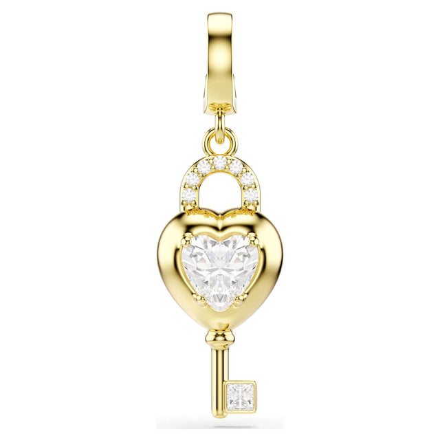 Swarovski Idyllia charm, Mixed cuts, Heart with key, White, Gold-tone plated