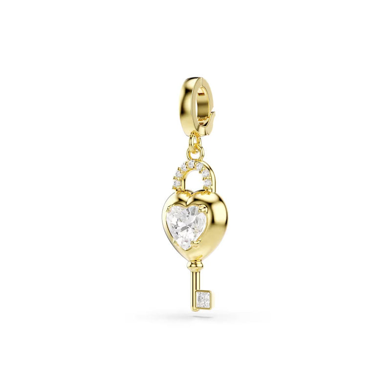 Swarovski Idyllia charm, Mixed cuts, Heart with key, White, Gold-tone plated