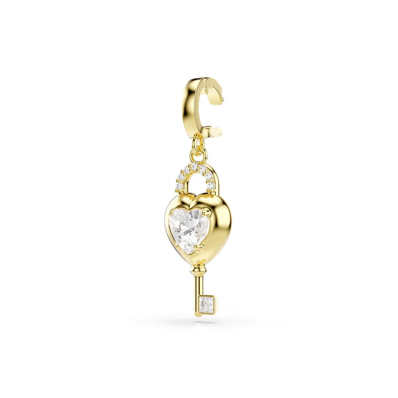 Swarovski Idyllia charm, Mixed cuts, Heart with key, White, Gold-tone plated