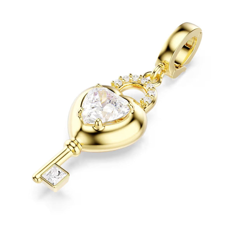 Swarovski Idyllia charm, Mixed cuts, Heart with key, White, Gold-tone plated
