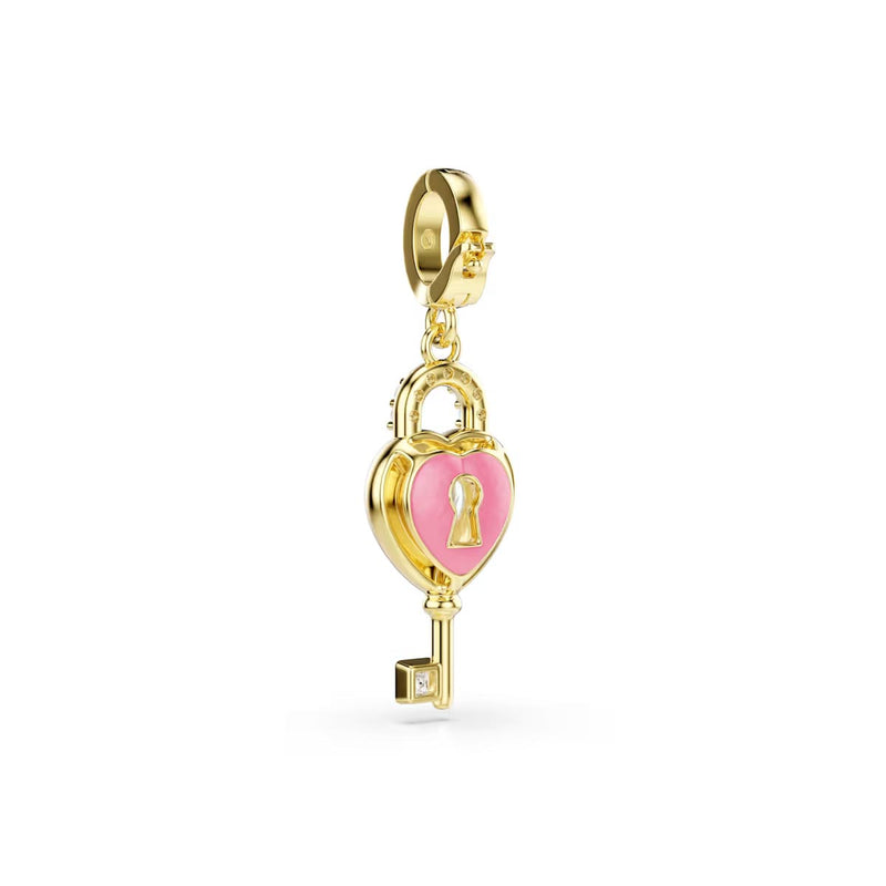 Swarovski Idyllia charm, Mixed cuts, Heart with key, White, Gold-tone plated
