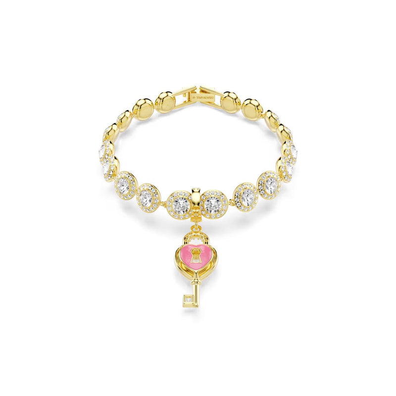 Swarovski Idyllia charm, Mixed cuts, Heart with key, White, Gold-tone plated