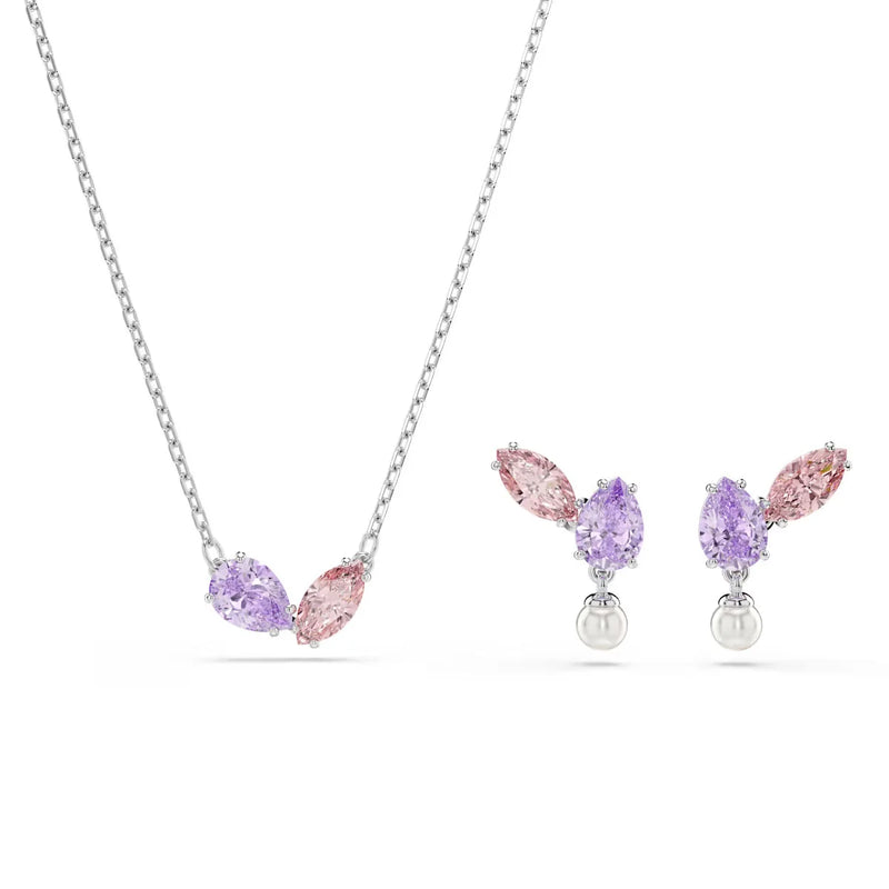 Crystal necklace with pink and purple stones, paired with matching pearl-drop earrings