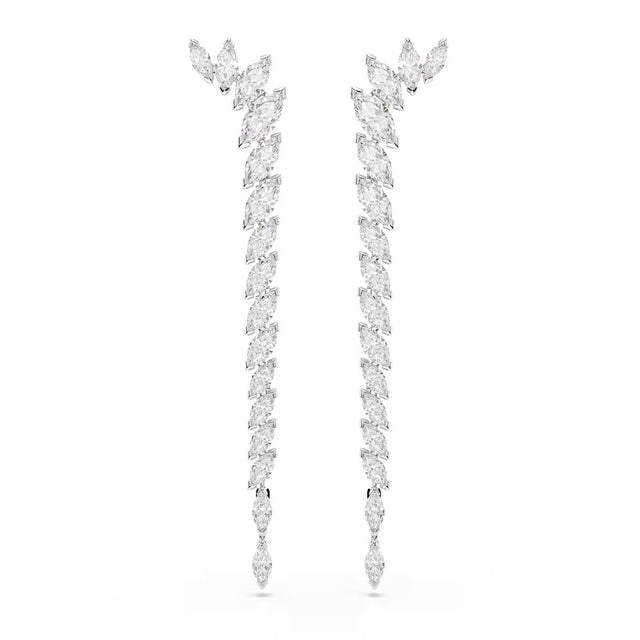 Swarovski Mesmera long earrings, Marquise cut, White, Rhodium plated