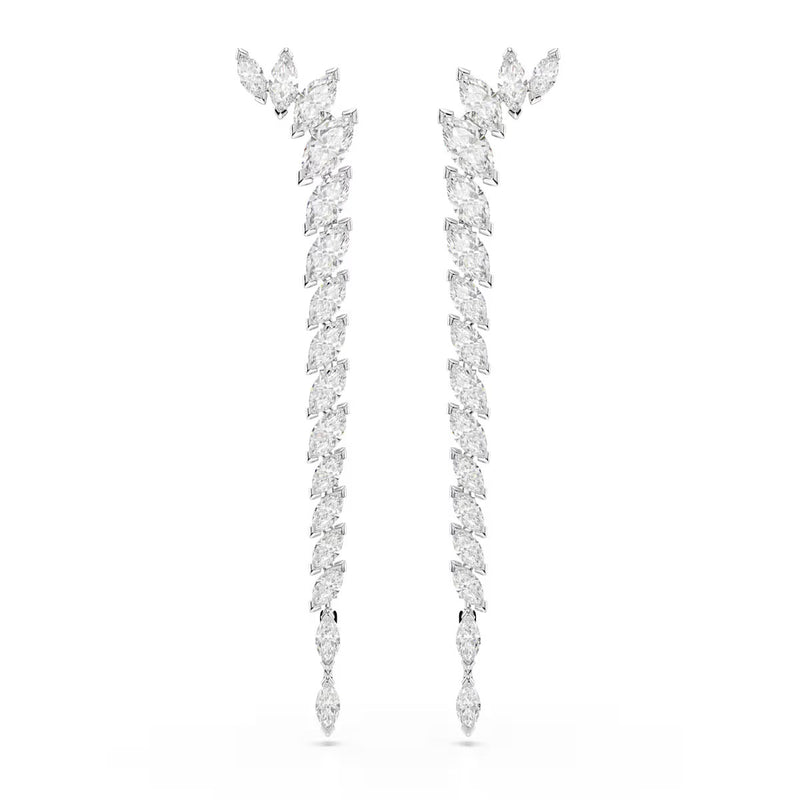 Swarovski Mesmera long earrings, Marquise cut, White, Rhodium plated