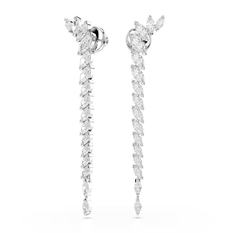 Swarovski Mesmera long earrings, Marquise cut, White, Rhodium plated