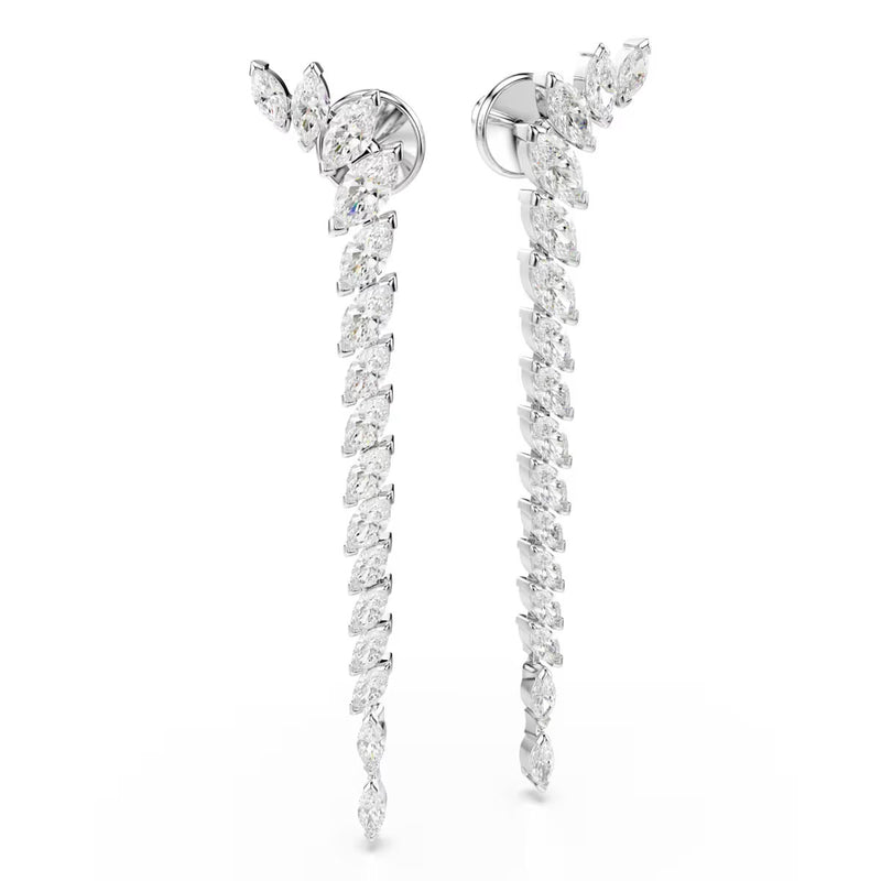 Swarovski Mesmera long earrings, Marquise cut, White, Rhodium plated