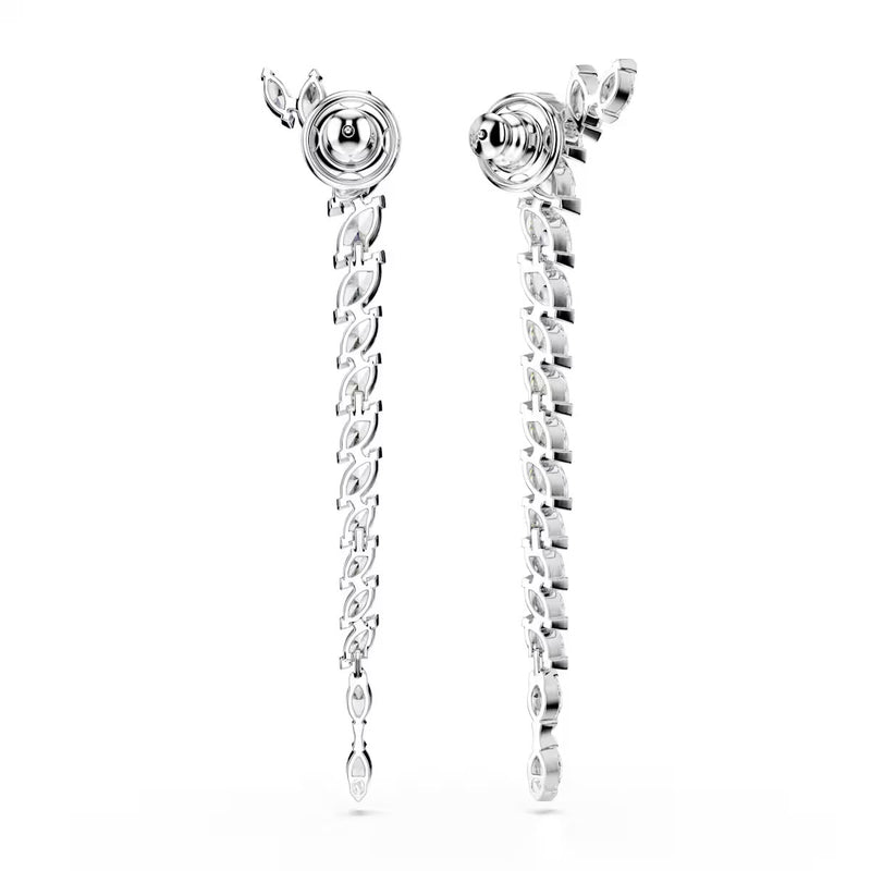 Swarovski Mesmera long earrings, Marquise cut, White, Rhodium plated