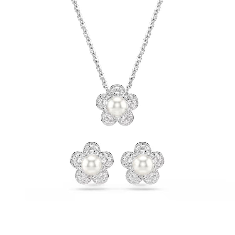 Swarovski x Ariana Grande set, Crystal pearl, Round cut, Flower, White, Rhodium plated