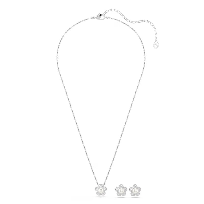 Swarovski x Ariana Grande set, Crystal pearl, Round cut, Flower, White, Rhodium plated