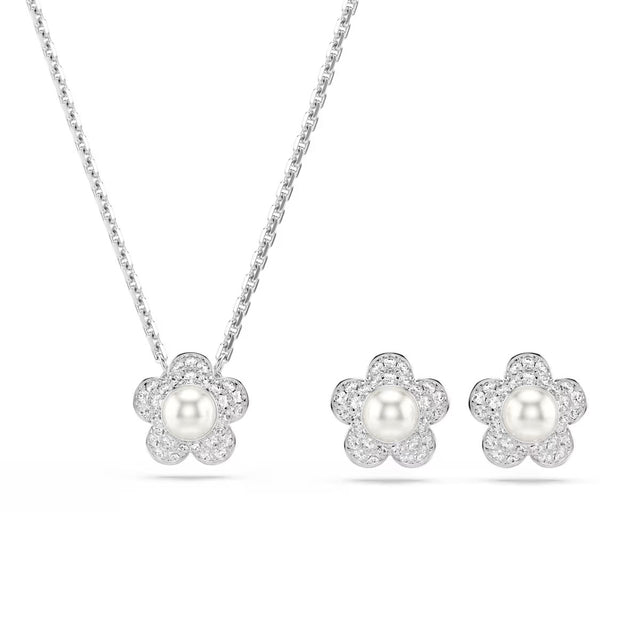 Swarovski x Ariana Grande set, Crystal pearl, Round cut, Flower, White, Rhodium plated
