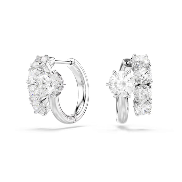 Swarovski Matrix hoop earrings, Round cut, White, Rhodium plated