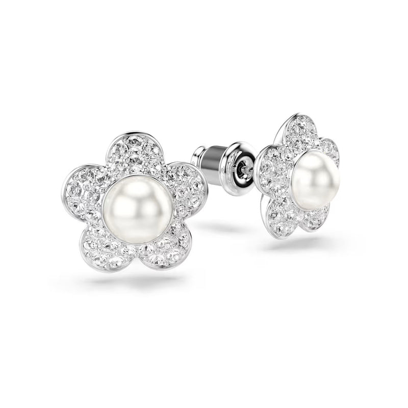Swarovski x Ariana Grande stud earrings, Round cut, Flower, White, Rhodium plated