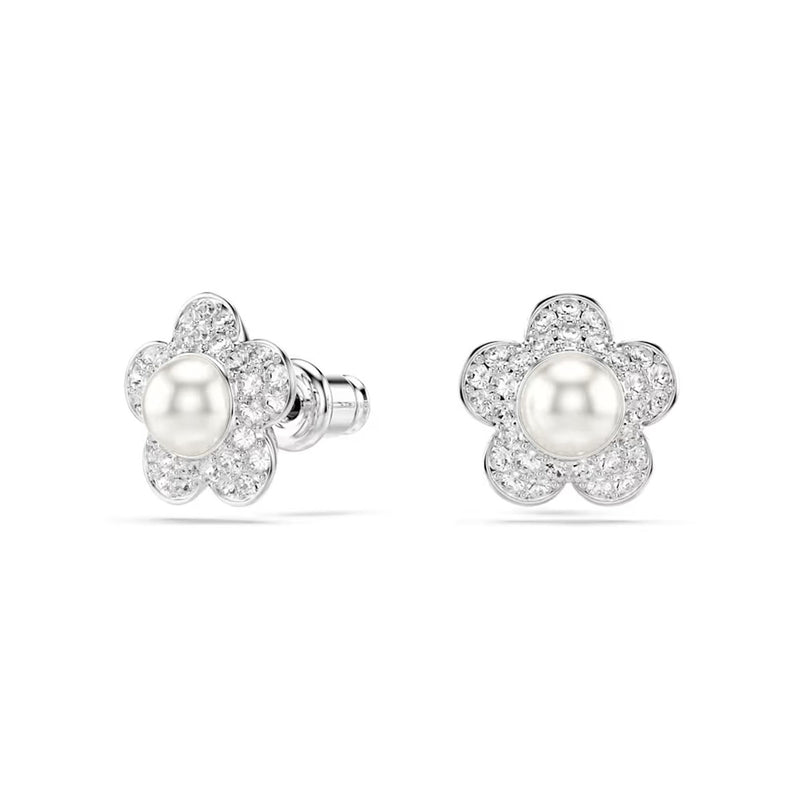 Swarovski x Ariana Grande stud earrings, Round cut, Flower, White, Rhodium plated