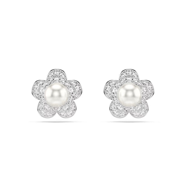 Swarovski x Ariana Grande stud earrings, Round cut, Flower, White, Rhodium plated