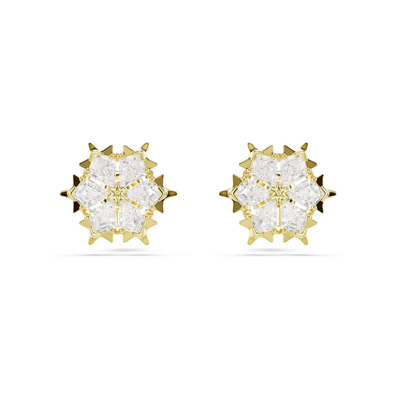 Swarovski Magic stud earrings, Mixed cuts, Snowflake, White, 18K gold finish