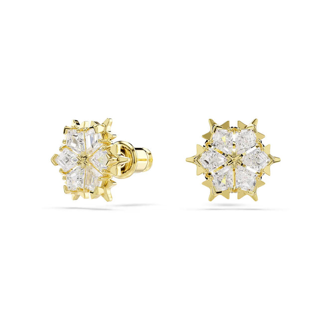 Swarovski Magic stud earrings, Mixed cuts, Snowflake, White, 18K gold finish