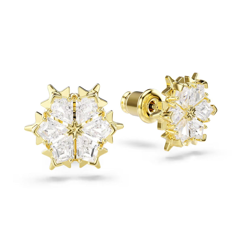 Swarovski Magic stud earrings, Mixed cuts, Snowflake, White, 18K gold finish
