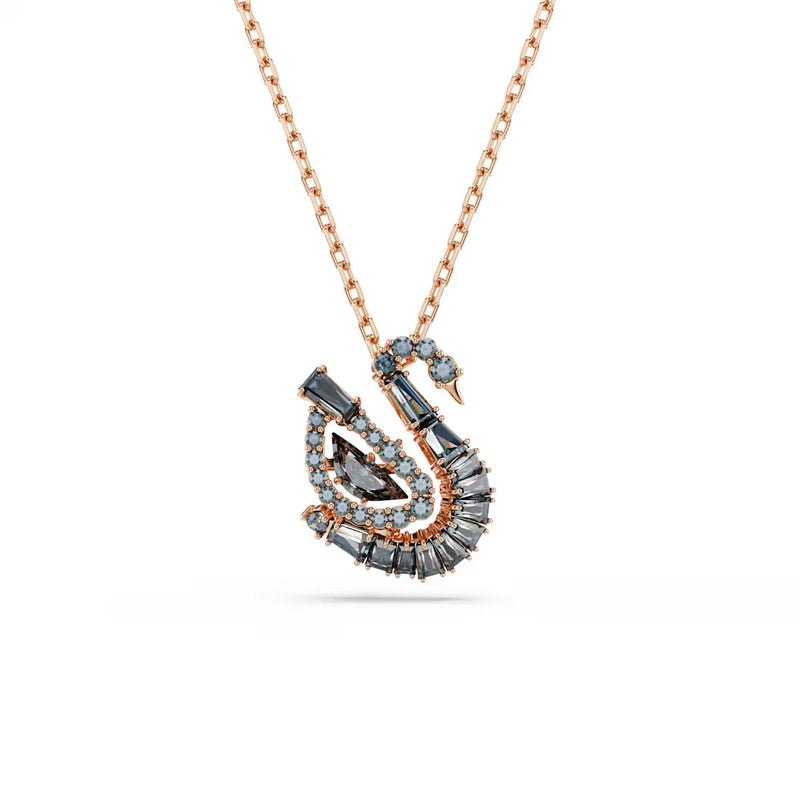 Swarovski Swan pendant, Mixed cuts, Swan, Black, 18K rose gold finish