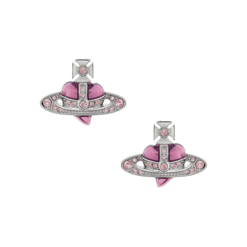 Vivienne Westwood New Diamante Heart Silver / Pink Earrings, Silver Tone Plated