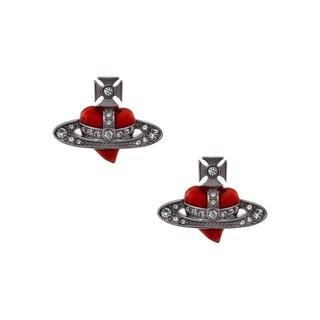 Vivienne Westwood Diamante Red Heart Earrings, Ruthenium Plated