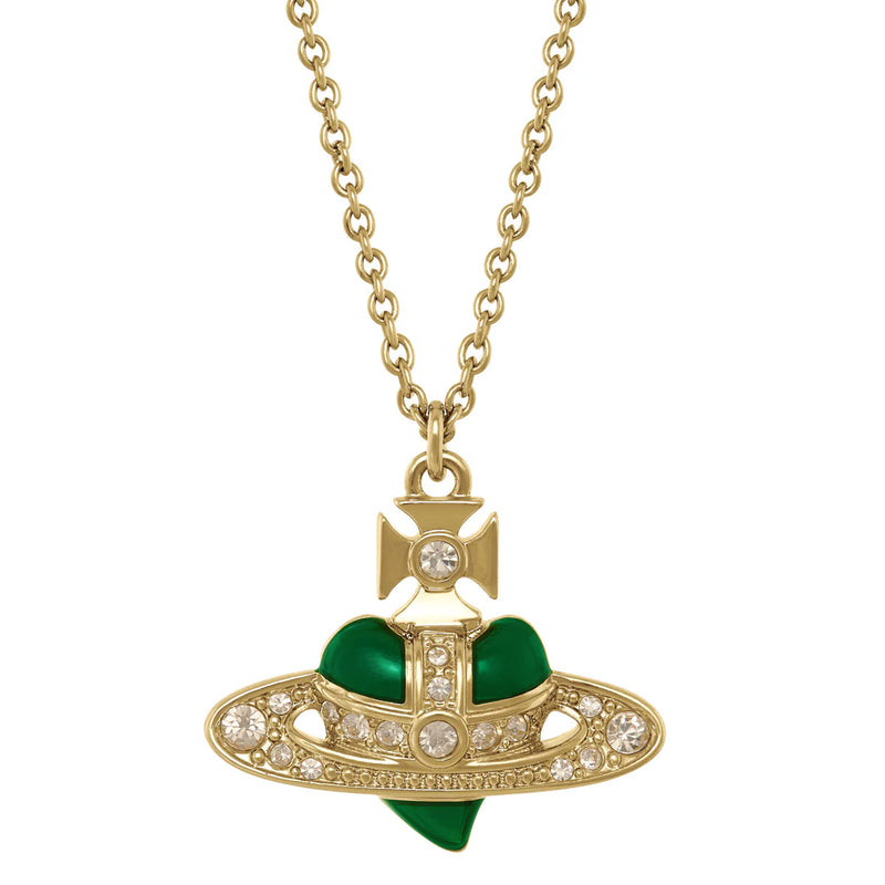 Vivienne Westwood New Diamante Heart Green / Gold Pendant, Gold Plated