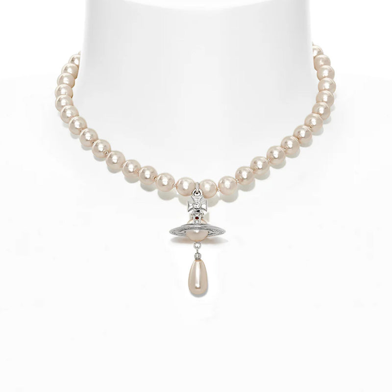 Vivienne Westwood One Row Pearl Bas Relief Drop Choker, Platinum Plated