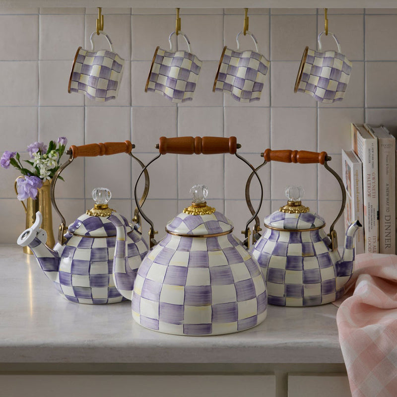 Mackenzie Childs Violet Check 3 Quart Tea Kettle