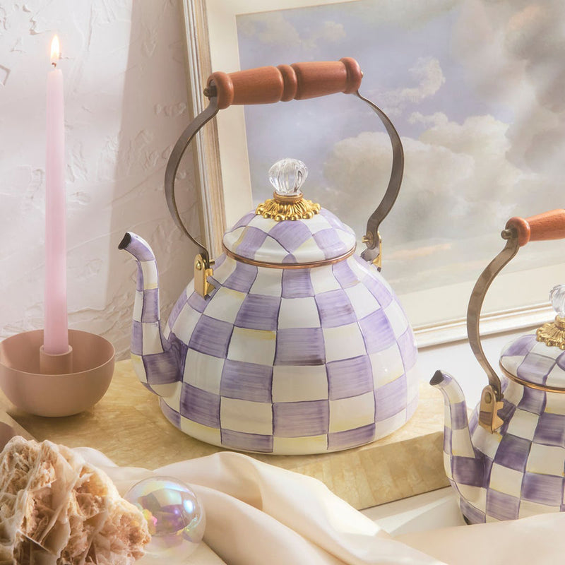 Mackenzie Childs Violet Check 3 Quart Tea Kettle
