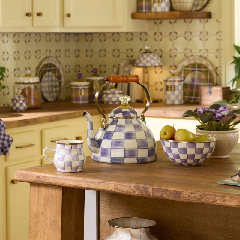 Mackenzie Childs Violet Check 3 Quart Tea Kettle