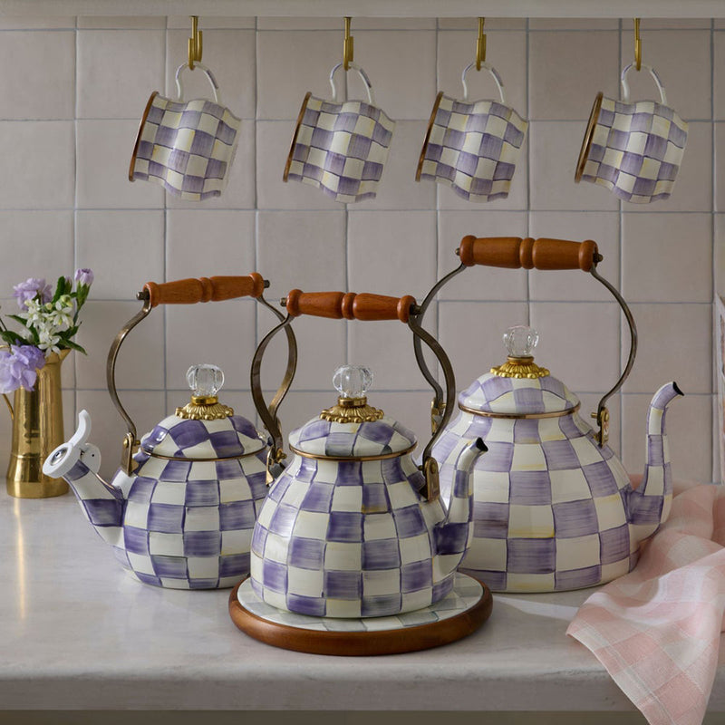 Mackenzie Childs Violet Check 2 Quart Tea Kettle