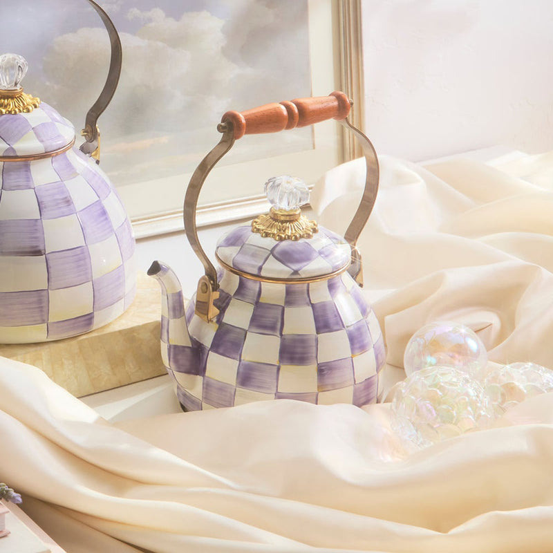 Mackenzie Childs Violet Check 2 Quart Tea Kettle