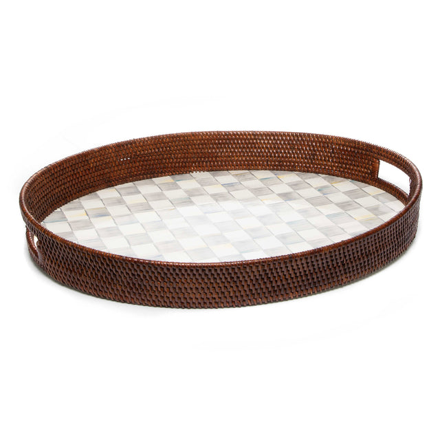 Mackenzie-Childs Sterling Check Rattan & Enamel Party Serving Tray