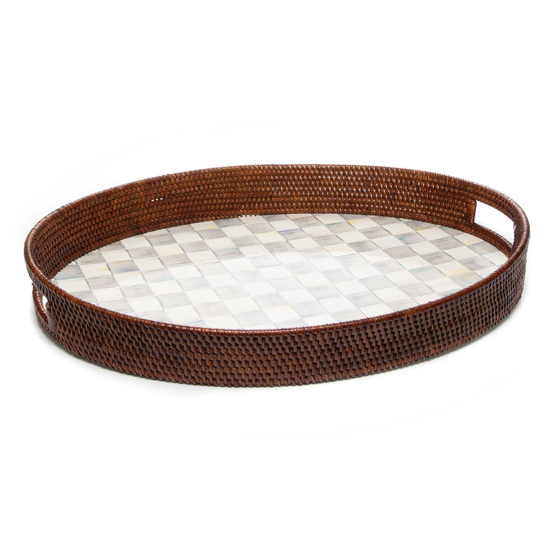 Mackenzie-Childs Sterling Check Rattan & Enamel Party Serving Tray