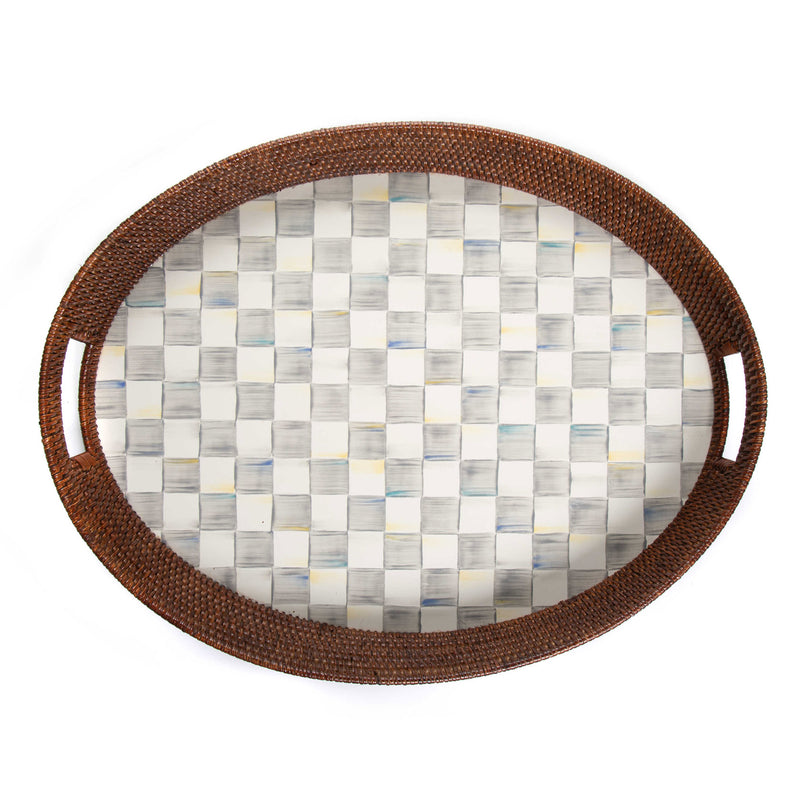 Mackenzie-Childs Sterling Check Rattan & Enamel Party Serving Tray