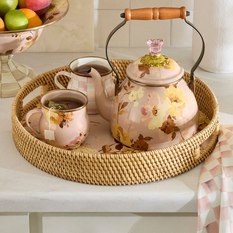 Mackenzie-Childs Wild Rose Mauve Enamel & Rattan Round Tray